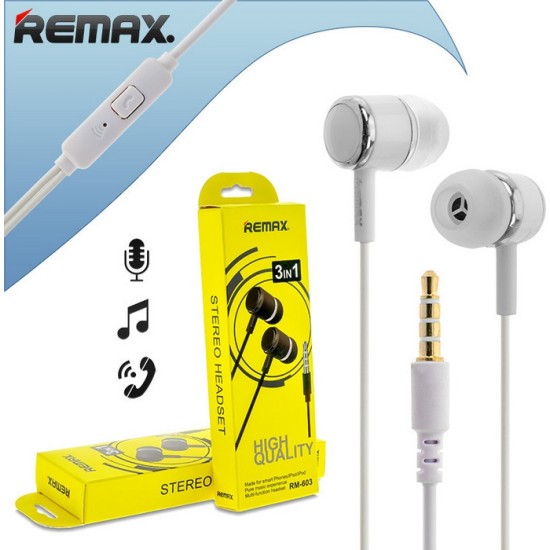 Remax RM-603 In-ear Handsfree με Βύσμα 3.5mm Λευκό