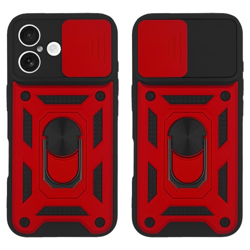 iPhone 16 Hybrid Shockproof Armor Case Metal Rotating Ring Car Mount Holder Red με Κάλυψη Κάμερας (oem)
