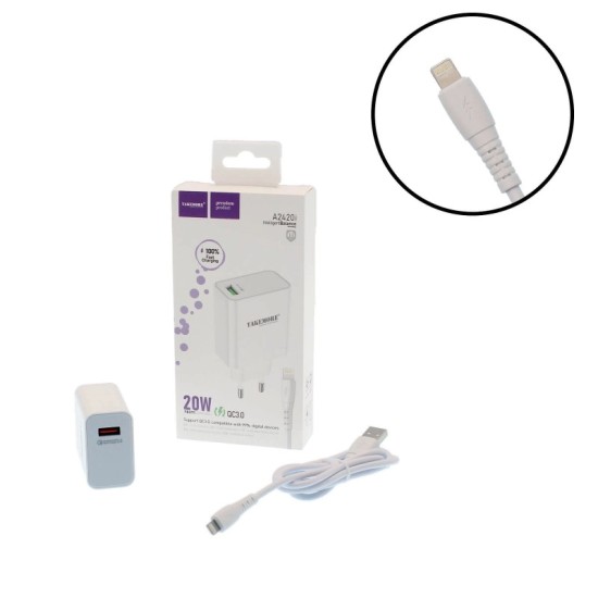 Φορτιστής Γρήγορης Φόρτισης 20W USB 3.0 με Καλώδιο Μεταφοράς Δεδομένων USB σε Lightning Λευκός A2420i TAKEMORE Φορτιστής Γρήγορης Φόρτισης 20W USB 3.0 με Καλώδιο Μεταφοράς Δεδομένων USB σε Lightning Λευκός A2420i TAKEMORE