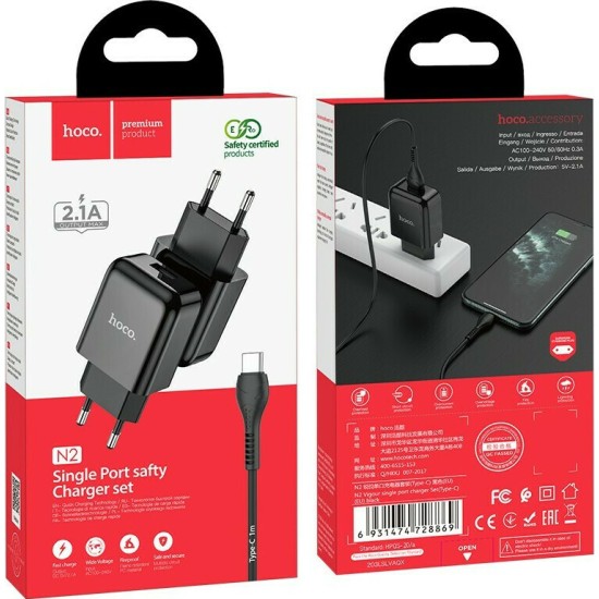 Hoco Φορτιστής με Θύρα USB-A και Καλώδιο USB-C 10.5W Μαύρος (N2 Vigour)