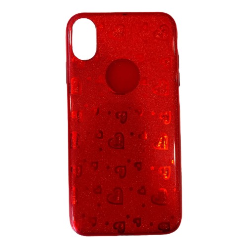 Back Cover Σιλικόνης Κόκκινο Glitter με Σχέδιο Hearts (iPhone XS MAX)