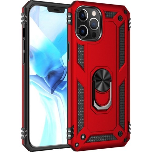 iPhone 13 Pro Max Hybrid Shockproof Armor Case 360 Degree Metal Rotating Ring Car Mount Holder RED (oem)
