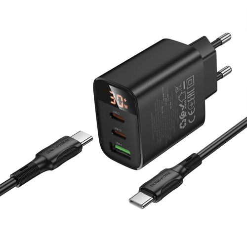 Φορτιστής Τοίχου Borofone 30W PD – 2x USB-C & USB-A – Ταχεία Φόρτιση, LED Οθόνη &  για iPhone, Android, Tablet