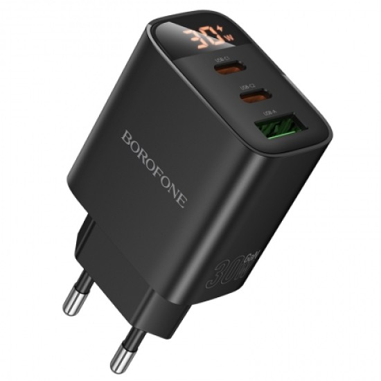 Φορτιστής Τοίχου Borofone 30W PD – 2x USB-C & USB-A – Ταχεία Φόρτιση, LED Οθόνη &  για iPhone, Android, Tablet
