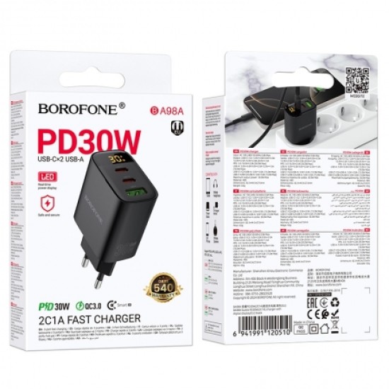 Φορτιστής Τοίχου Borofone 30W PD – 2x USB-C & USB-A – Ταχεία Φόρτιση, LED Οθόνη &  για iPhone, Android, Tablet