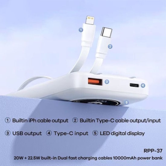 Remax Energy Eye Fast RPP-37 Power Bank 10000mAh με Θύρα USB-A και Θύρα USB-C Λευκό