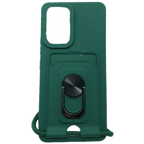 Samsung Galaxy A13 4G TPU Silicone Back Cover Case Navy Green with Strap Neck Cord, Metal Ring Mount and Card Slot (oem)