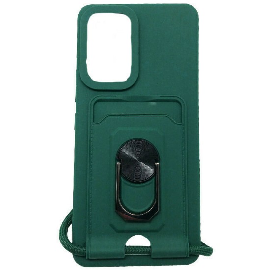 Samsung Galaxy A13 4G TPU Silicone Back Cover Case Navy Green with Strap Neck Cord, Metal Ring Mount and Card Slot (oem)