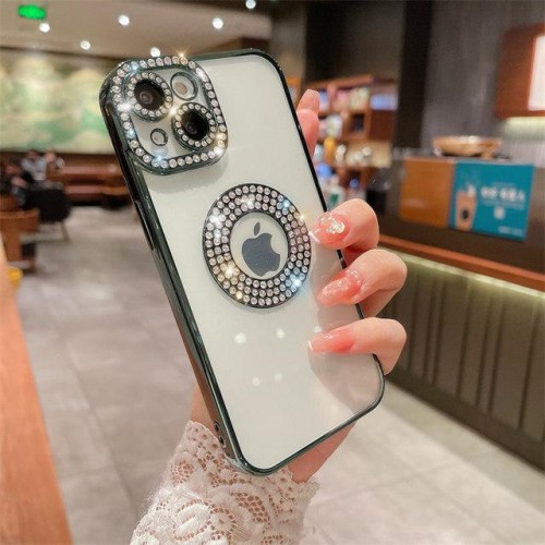 Luxury Plating Flash Diamond Silicone Phone Case For iPhone 14 Pro - Πράσινο