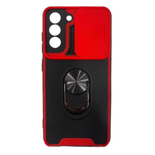 Galaxy S21 FE Hybrid Shockproof Armor Case Metal Rotating Ring Car Mount Holder Black-Red με Κάλυψη Κάμερας (oem)