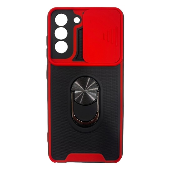 Galaxy S21 FE Hybrid Shockproof Armor Case Metal Rotating Ring Car Mount Holder Black-Red με Κάλυψη Κάμερας (oem)