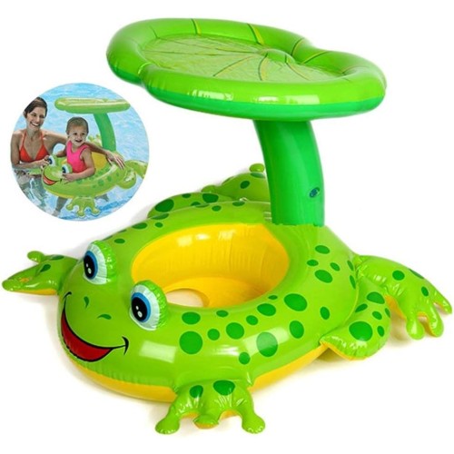 Baby Floating Aid Seat Small Kids Swimming Ring - Frog Baby Boat with UV Protection Roof