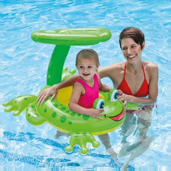 Baby Floating Aid Seat Small Kids Swimming Ring - Frog Baby Boat with UV Protection Roof